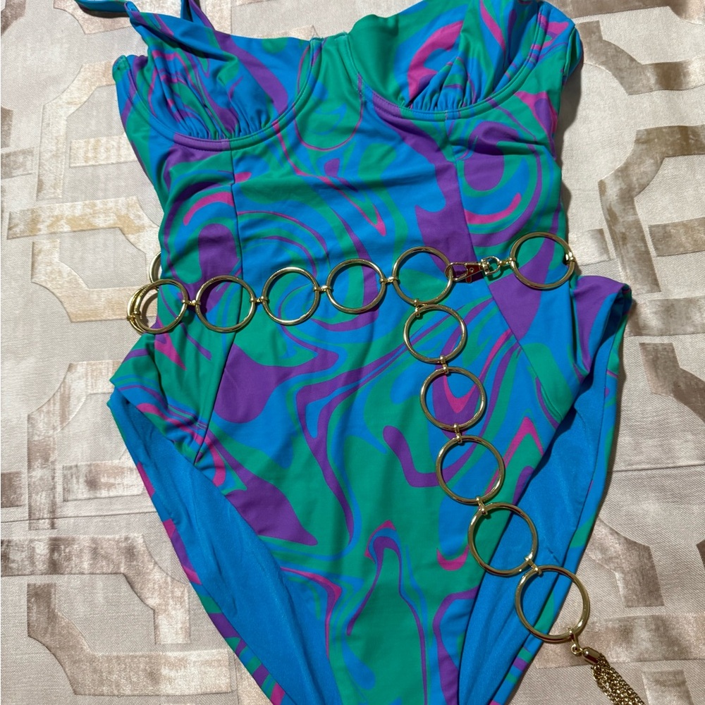 Vibrant Swirl One-Piece Swimsuit with Gold Chain